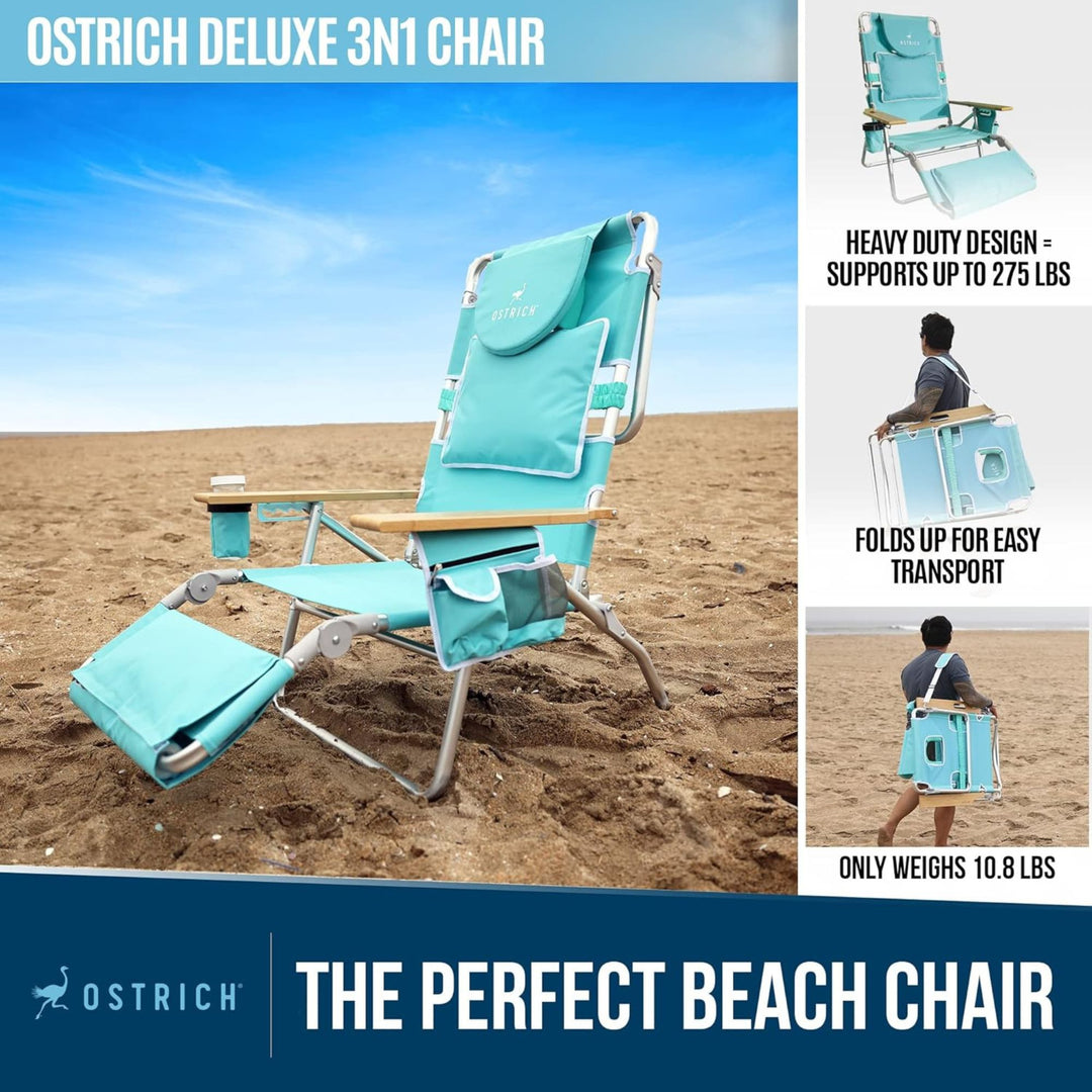 Ostrich Deluxe 3N1 Lightweight Outdoor Lawn Beach Lounge Chair w/Footrest, Aqua