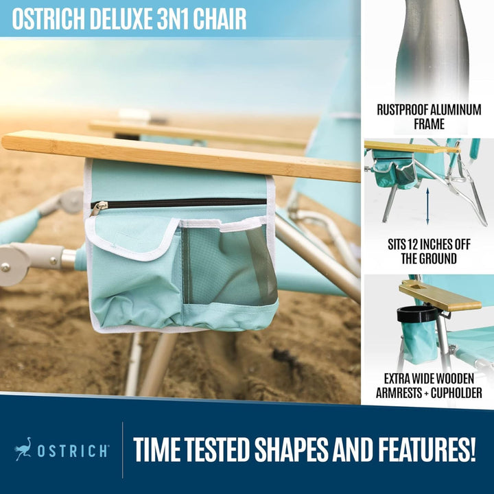 Ostrich Deluxe 3N1 Lightweight Outdoor Lawn Beach Lounge Chair w/Footrest, Aqua