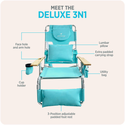 Ostrich Deluxe 3N1 Lightweight Outdoor Lawn Beach Lounge Chair w/Footrest (Used)