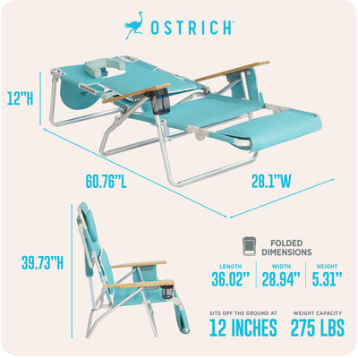Ostrich Deluxe 3N1 Lightweight Outdoor Beach Lounge Chair & Custom Fitted Towel