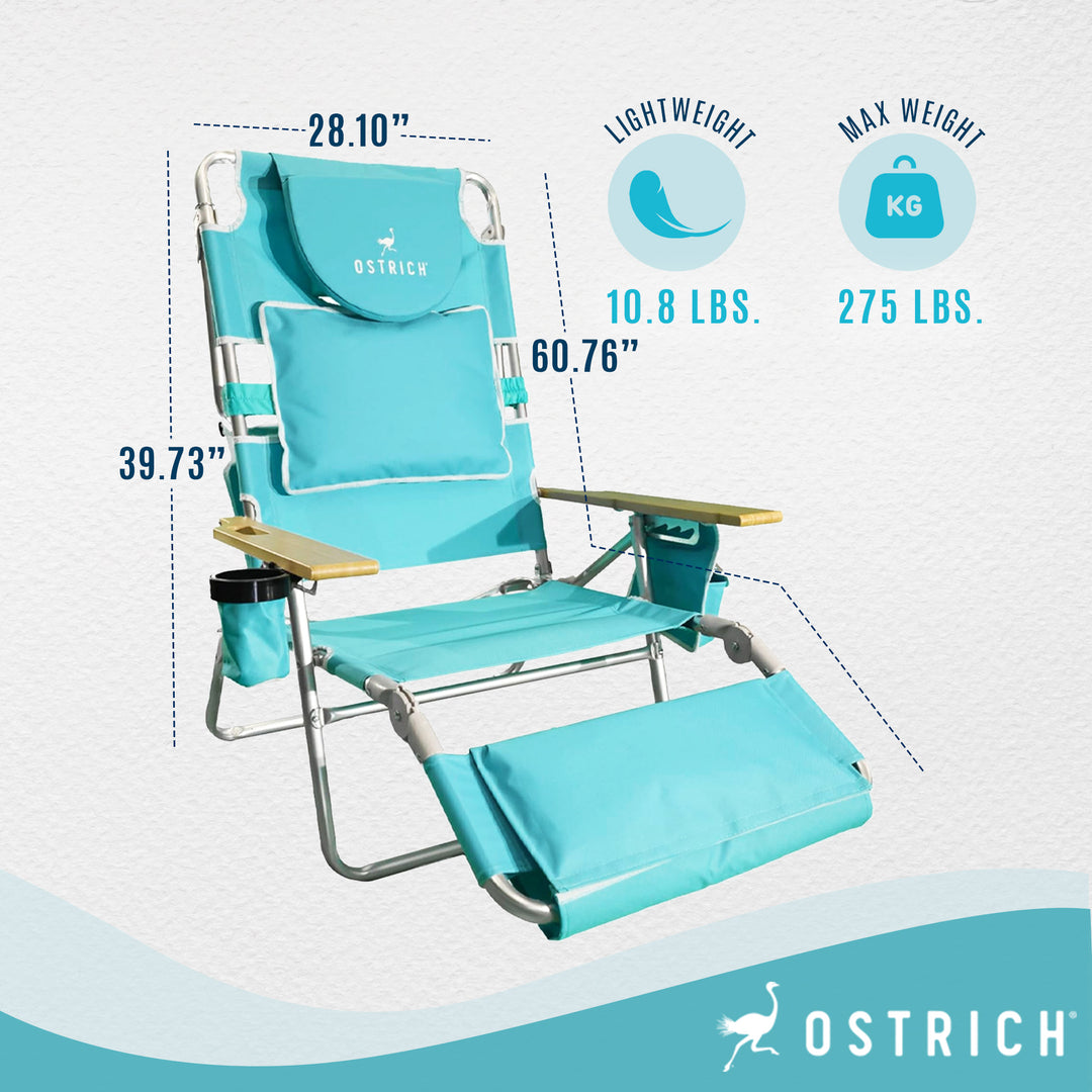 Ostrich Deluxe 3N1 Lightweight Outdoor Lawn Beach Lounge Chair w/Footrest, Aqua