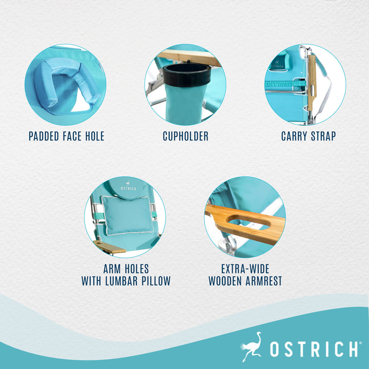 Ostrich Deluxe 3N1 Lightweight Outdoor Lawn Beach Lounge Chair w/Footrest, Aqua