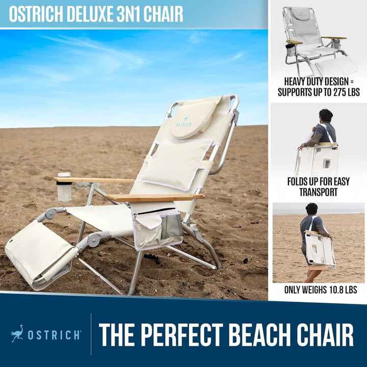 Ostrich Deluxe 3N1 Lightweight Outdoor Lawn Beach Lounge Chair w/Footrest, White