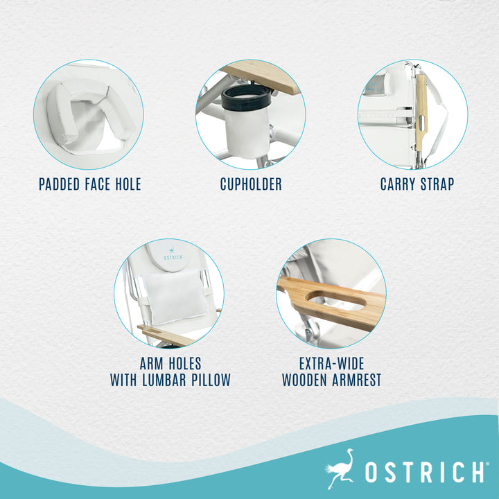 Ostrich Deluxe 3N1 Lightweight Outdoor Lawn Beach Lounge Chair w/Footrest, White - VMInnovations