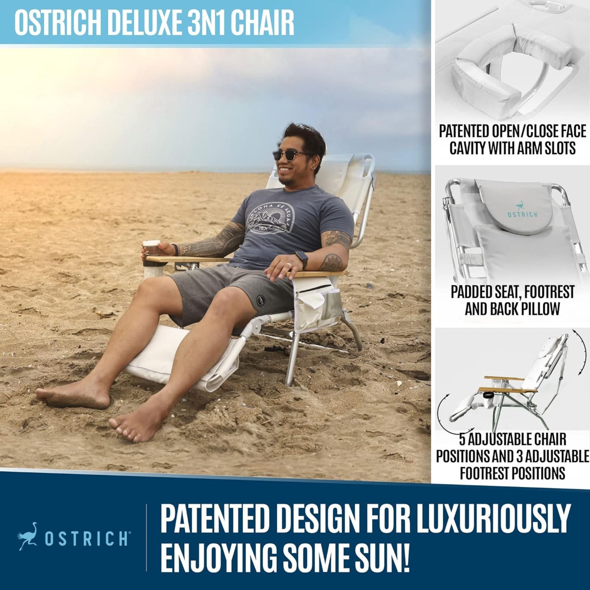 Ostrich 3N1 Lightweight Lawn Beach Lounge Chair w/Footrest, White (Open Box) - VMInnovations