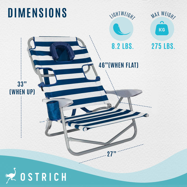 Ostrich Deluxe Backpack Reclining Beach Pool Camping Chair, Striped (Open Box)