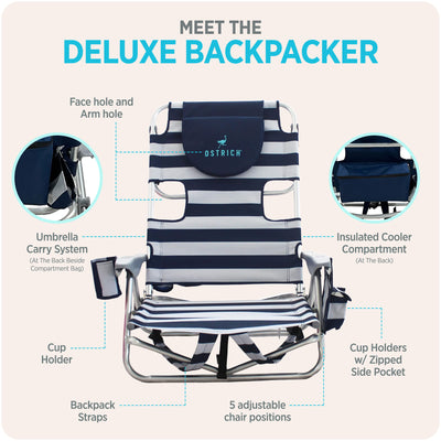 Ostrich Deluxe Backpack Reclining Beach Pool Camping Chair, Striped (Open Box)