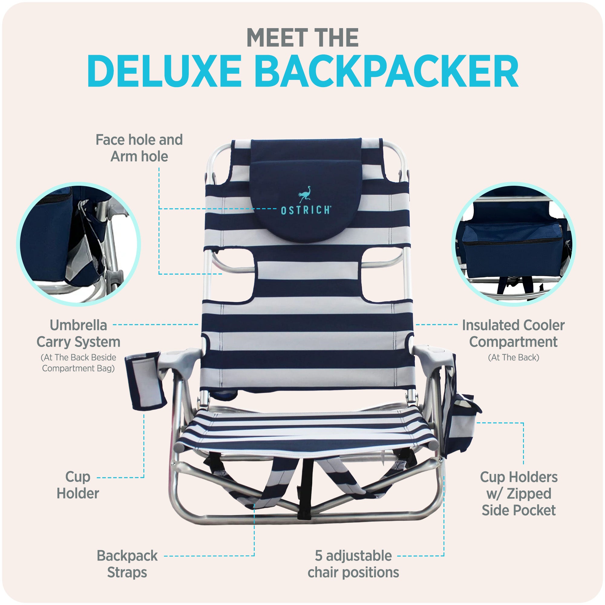 Ostrich The Deluxe Backpacker Portable Beach Chair with Cooler Bag, (Used) - VMInnovations