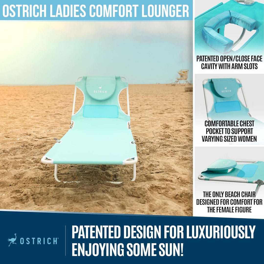 Ostrich Ladies Comfort Lounger, Foldable Beach Camping Pool Tanning Chair, Aqua