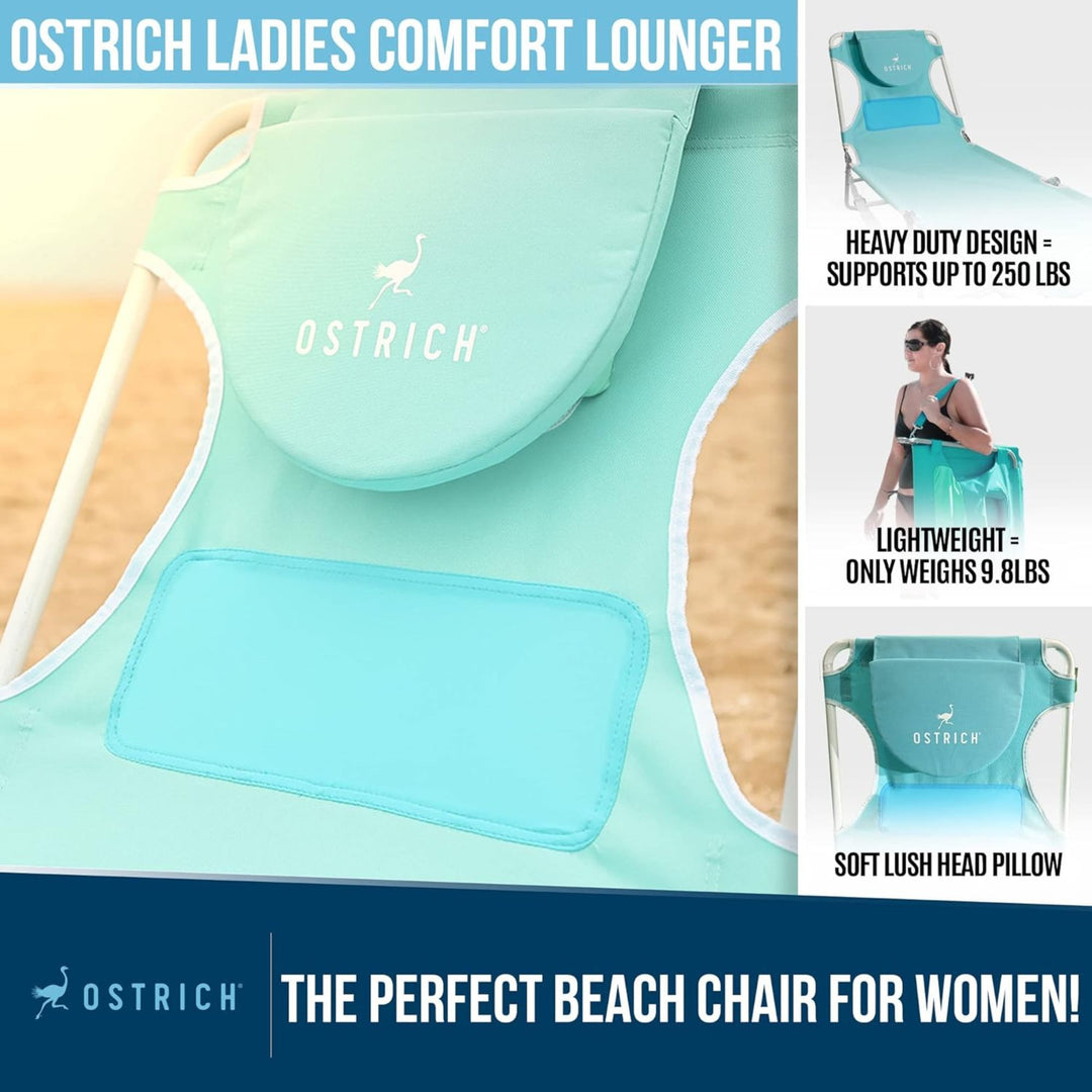 Ostrich Ladies Comfort Lounger, Foldable Beach Camping Pool Tanning Chair, Aqua