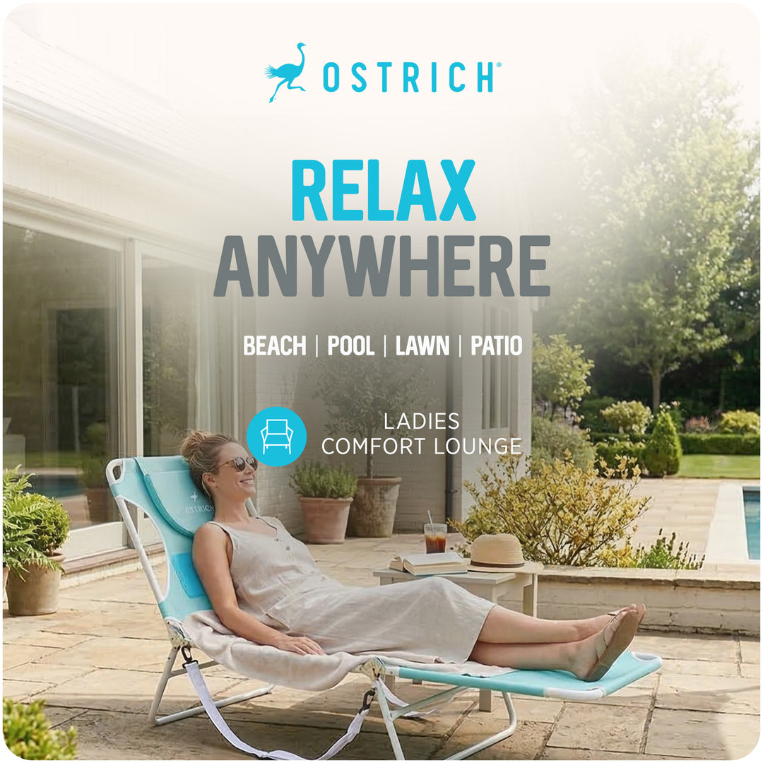 Ostrich The Ladies Comfort Lounger, Foldable Beach Pool Tanning Chair, Aqua - VMInnovations