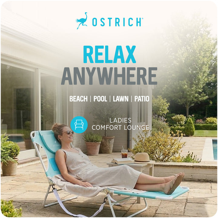Ostrich The Ladies Comfort Lounger, Foldable Beach Pool Tanning Chair, Aqua - VMInnovations