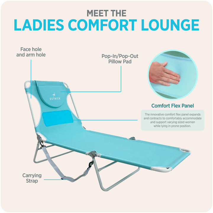 Ostrich The Ladies Comfort Lounger, Foldable Beach Pool Tanning Chair, Aqua - VMInnovations
