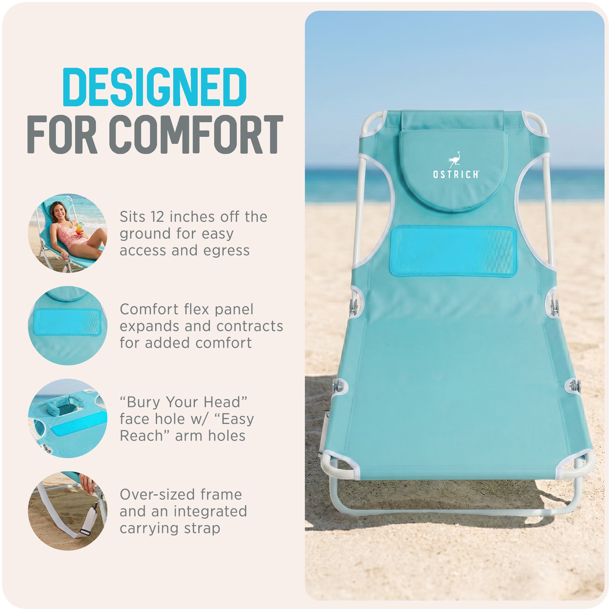 Ostrich The Ladies Comfort Lounger, Foldable Beach Pool Tanning Chair, Aqua