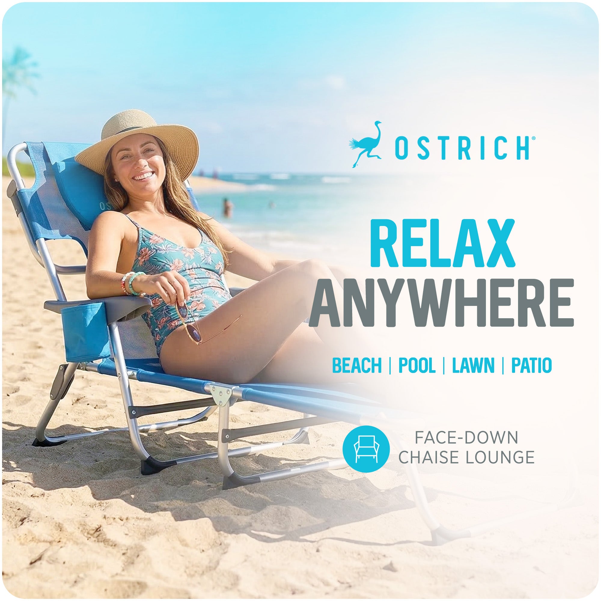 Ostrich Margate Chaise Lounge, Facedown Beach Chair, Blue (Used )
