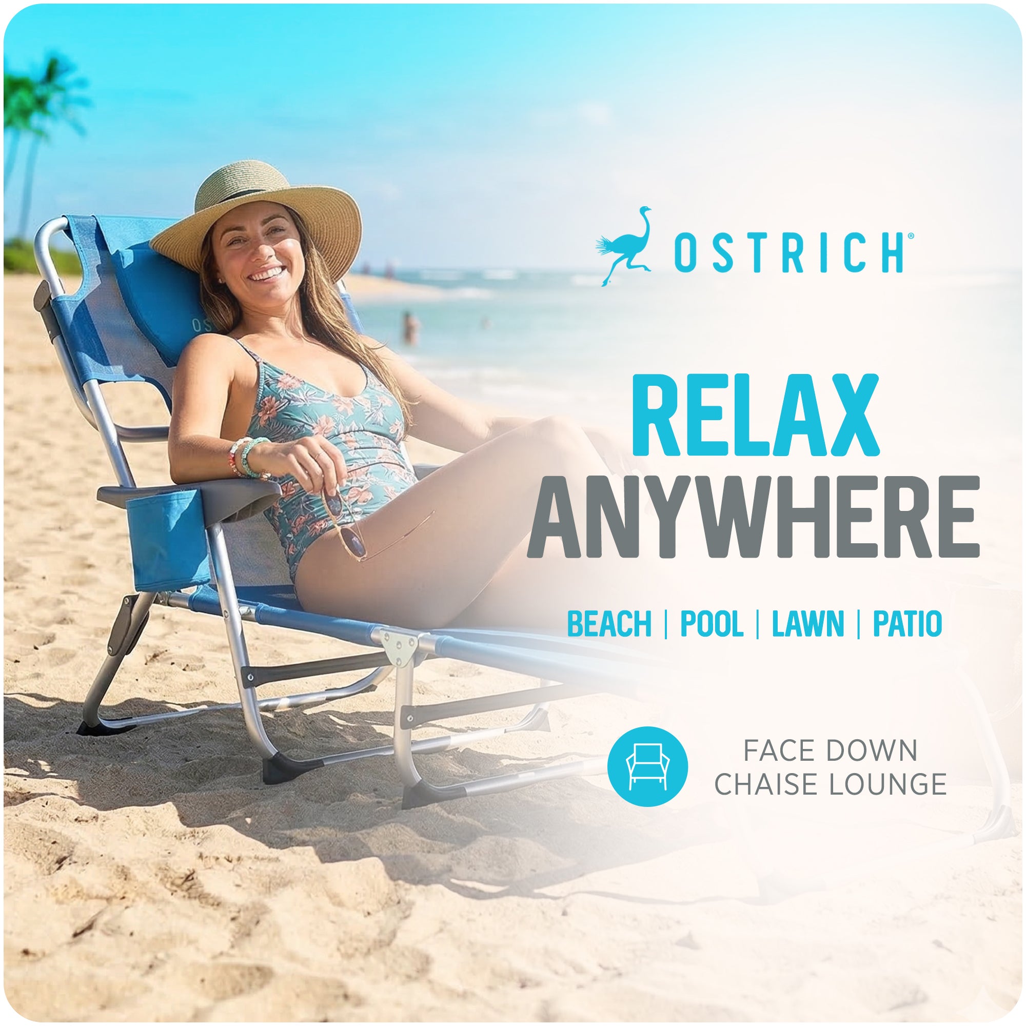 Ostrich Chaise Lounge, Facedown Beach Camping Pool Tanning Chair, Blue(Open Box)