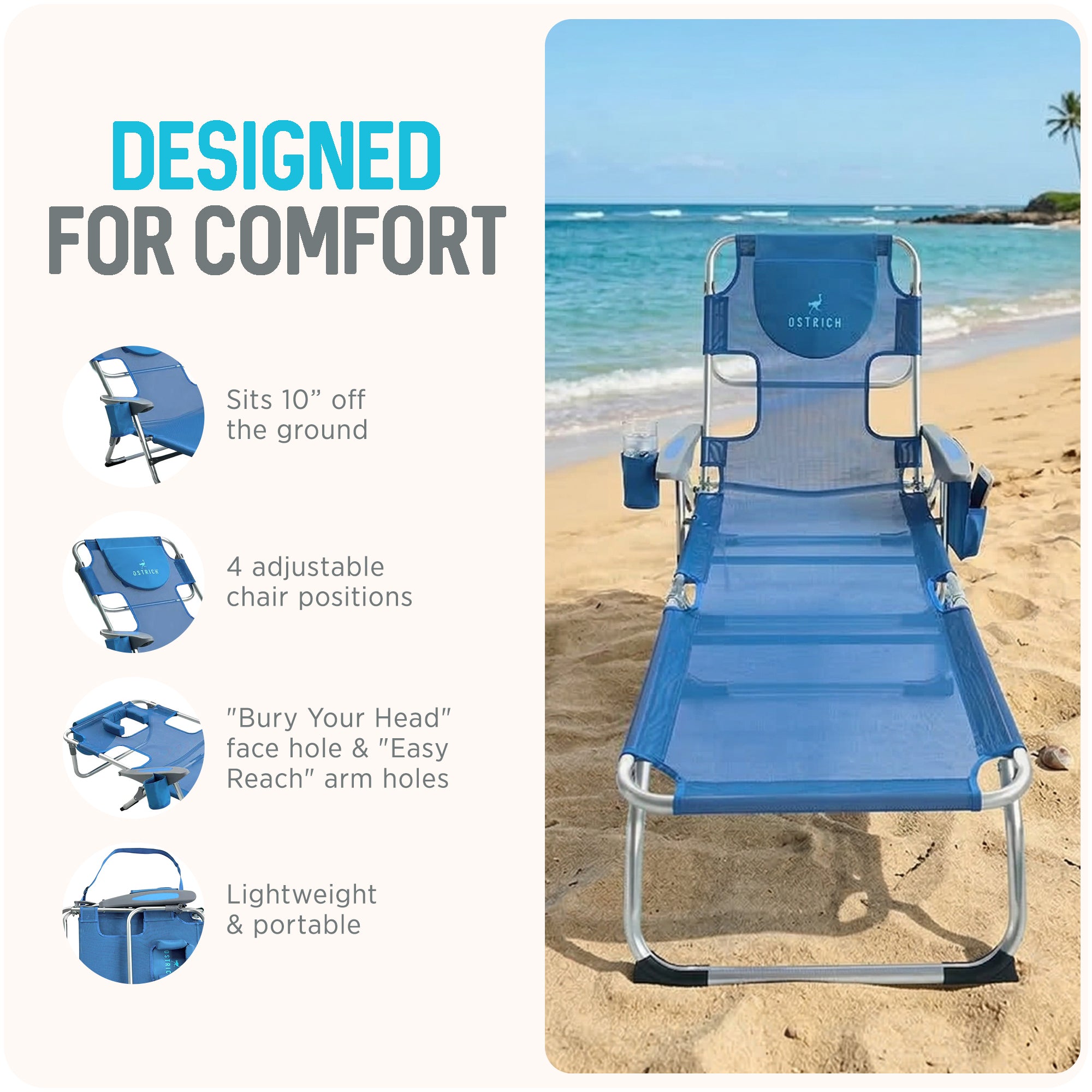 Ostrich Chaise Lounge, Facedown Beach Camping Pool Tanning Chair, Blue(Open Box)