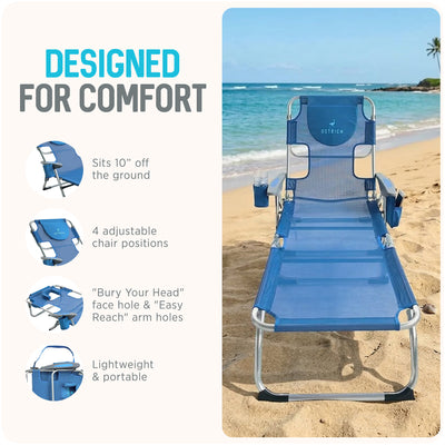 Ostrich Chaise Lounge, Facedown Beach Camping Pool Tanning Chair, Blue(Open Box)