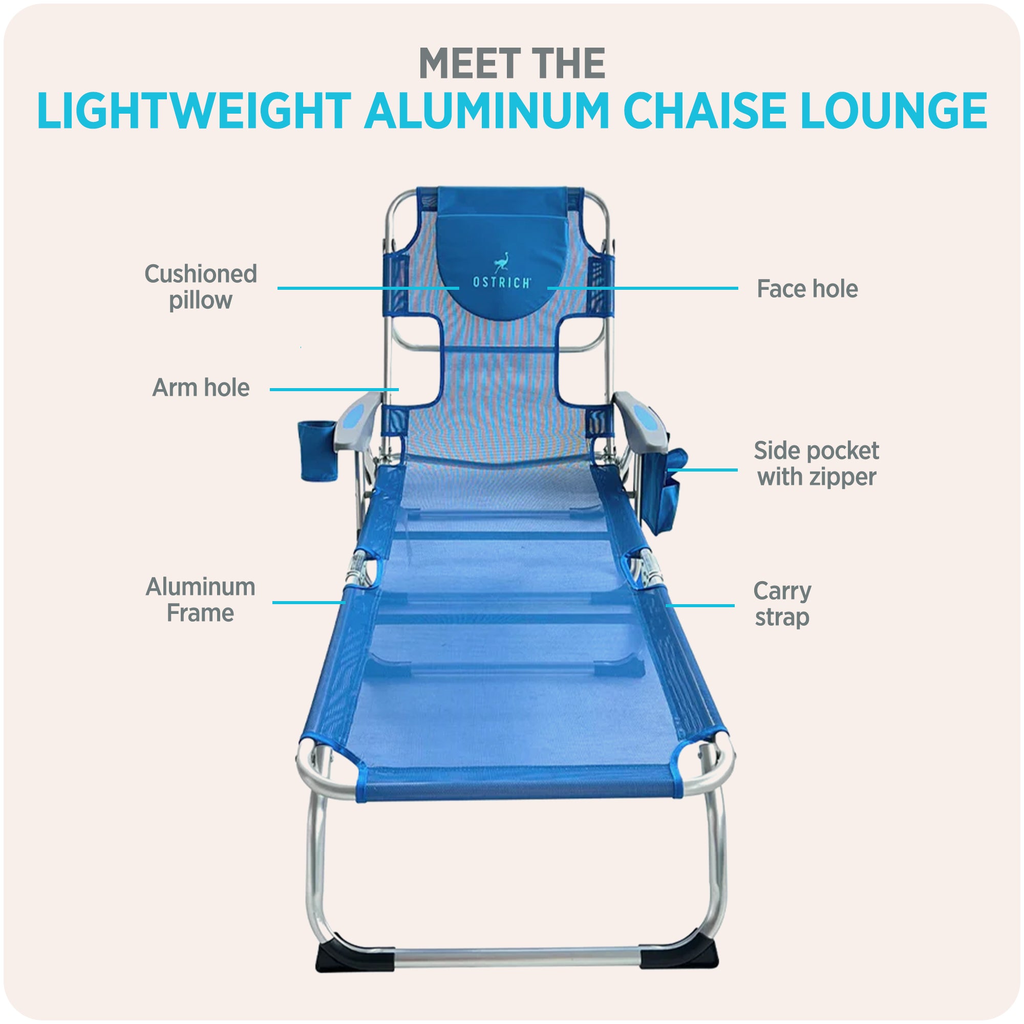 Ostrich Chaise Lounge, Facedown Beach Camping Pool Tanning Chair, Blue(Open Box)