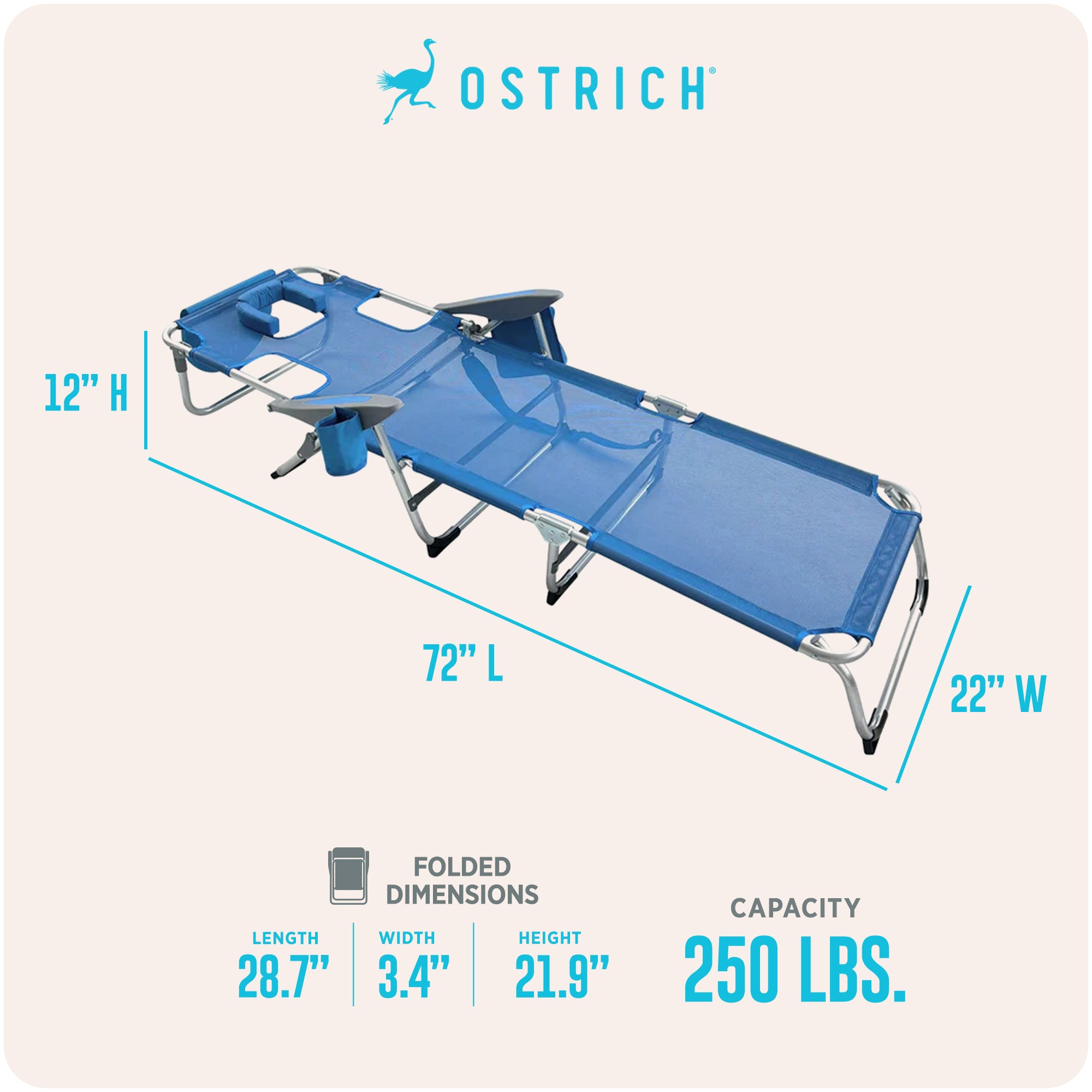 Ostrich Chaise Lounge, Facedown Beach Camping Pool Tanning Chair, Blue(Open Box)