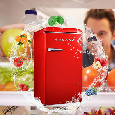 Galanz Retro Compact Refrigerator 3.3 Cubic Foot Mini Fridge, Glass Shelves, Red