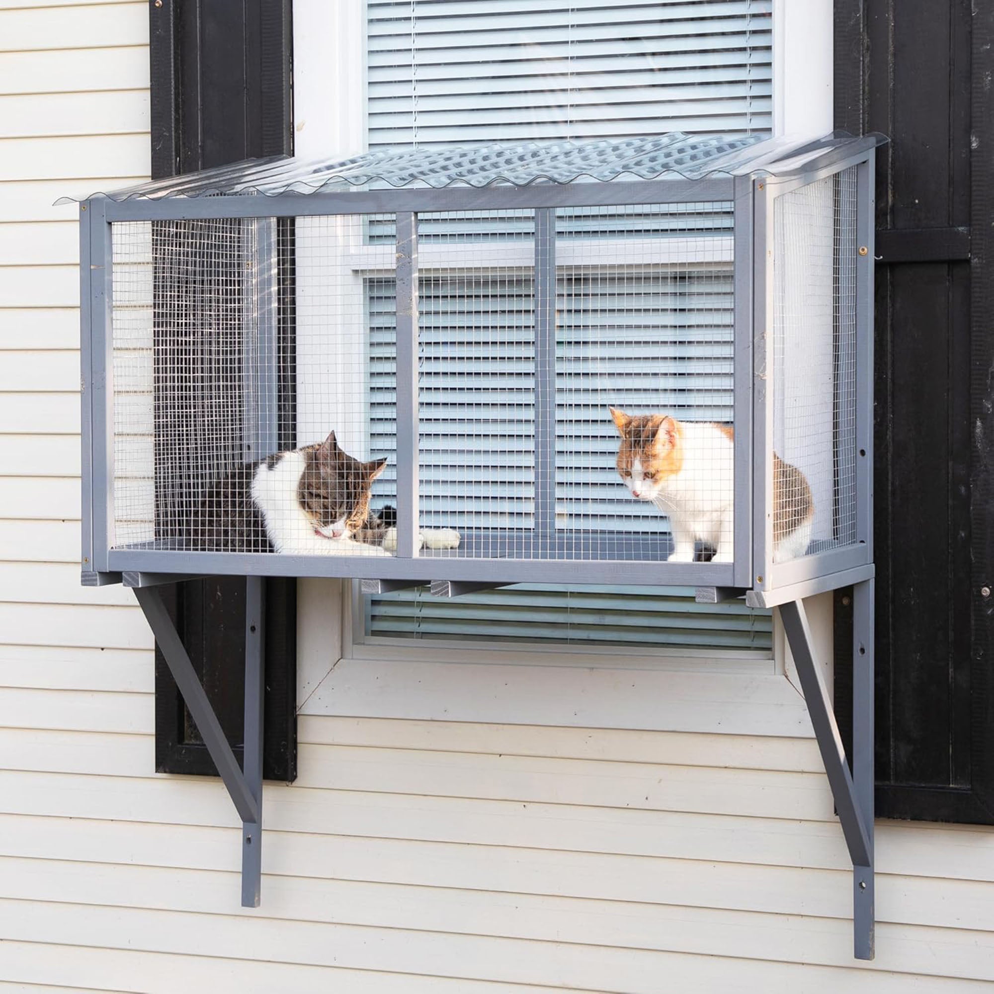 COZIWOW Wooden Catio Outdoor Cat Enclosure with Galvanized Mesh and PVC Tiles