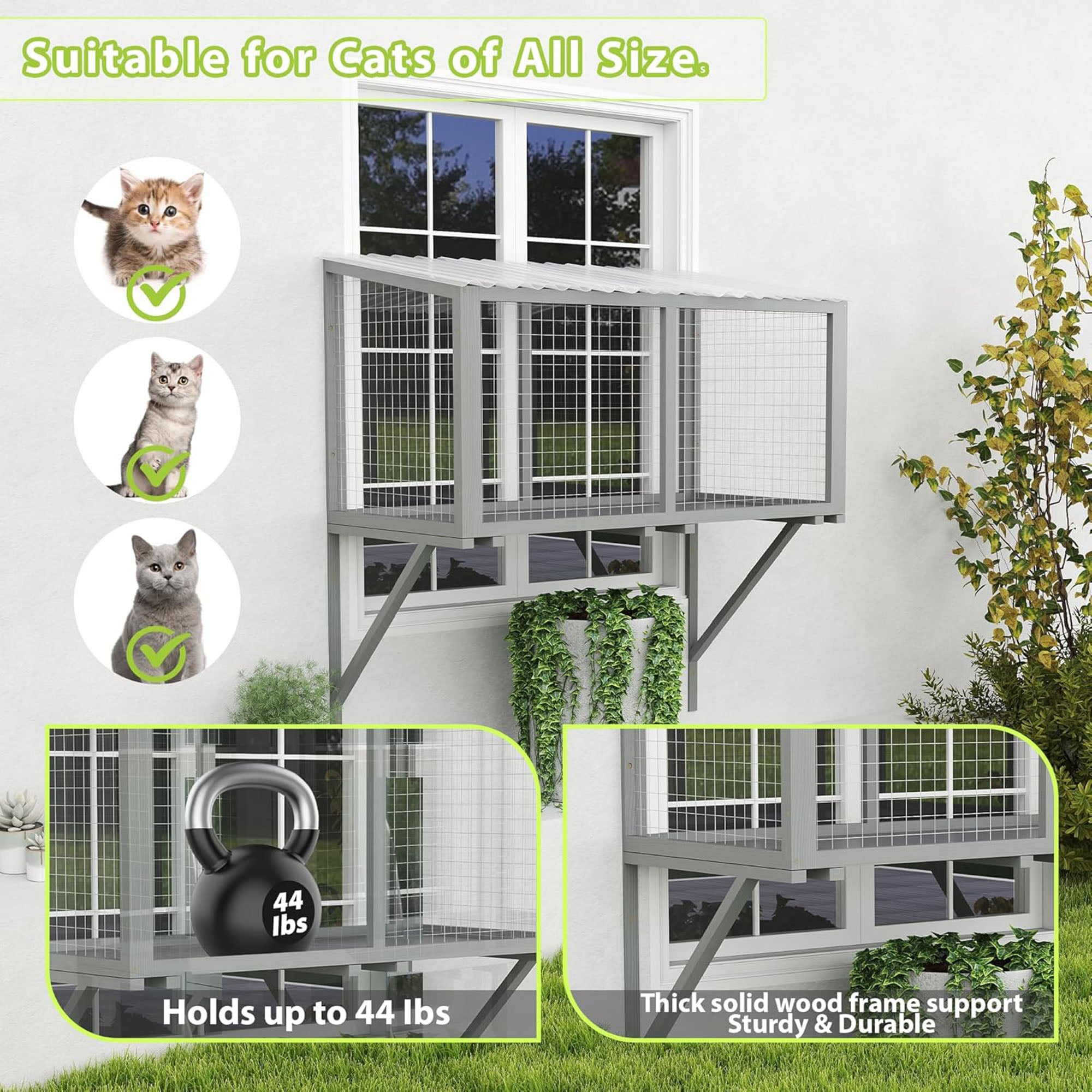 COZIWOW Wooden Catio Outdoor Cat Enclosure with Galvanized Mesh and PVC Tiles