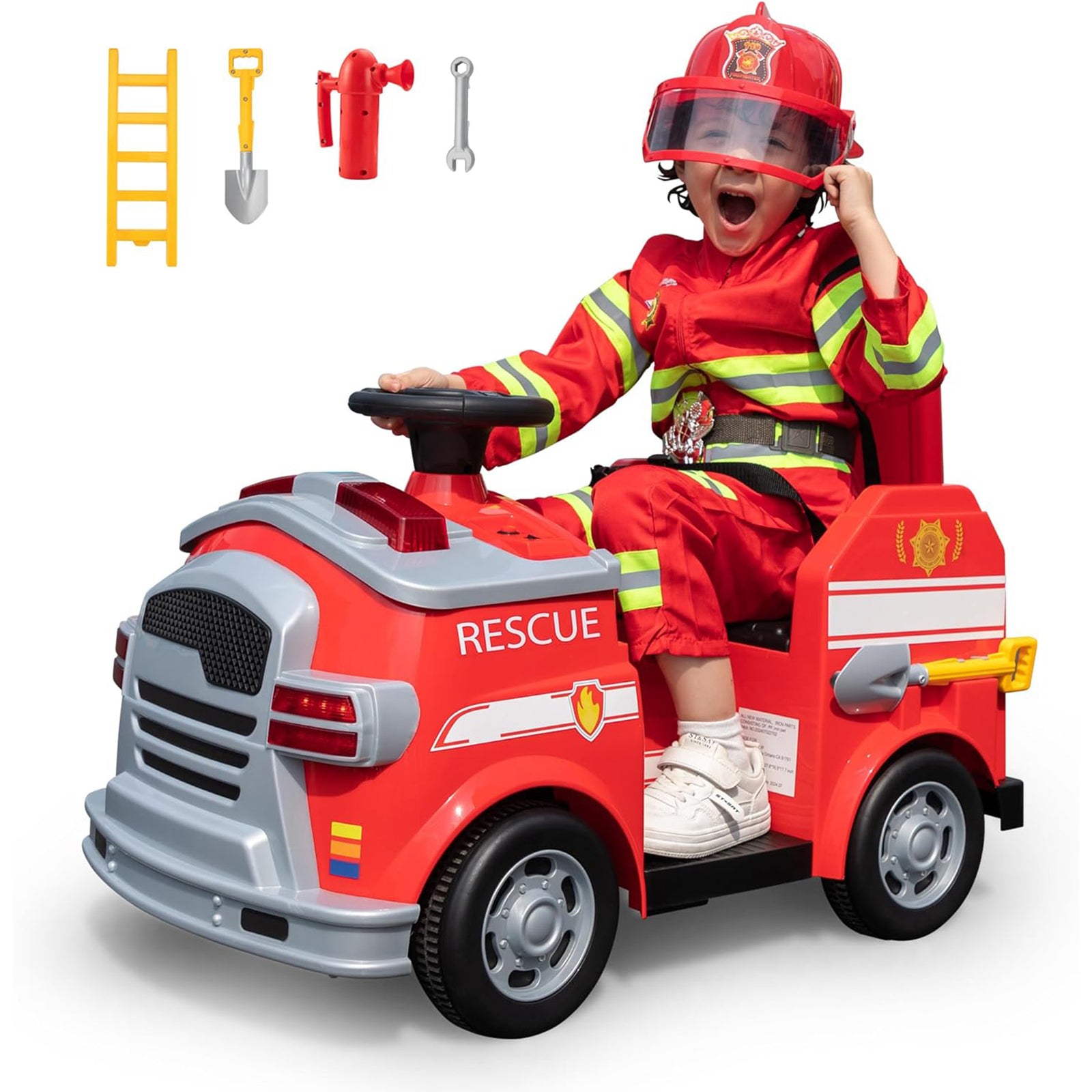 TOBBI Kids Ride on Fire Truck, Battery Powered Car w/ Ladder, Lights, Tools, Red - VMInnovations
