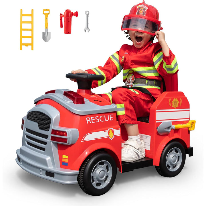 TOBBI Kids Ride on Fire Truck, Battery Powered Car w/ Ladder, Lights, Tools, Red