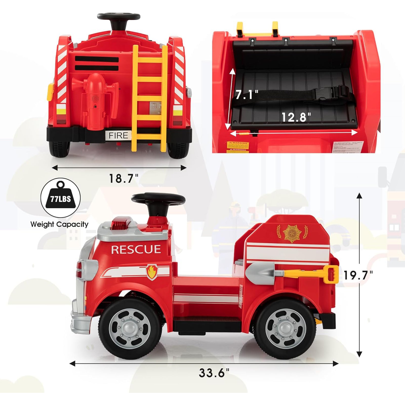 TOBBI Kids Ride on Fire Truck, Battery Powered Car w/ Ladder, Lights, Tools, Red - VMInnovations