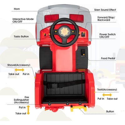 TOBBI Kids Ride on Fire Truck, Battery Powered Car w/ Ladder, Lights, Tools, Red - VMInnovations