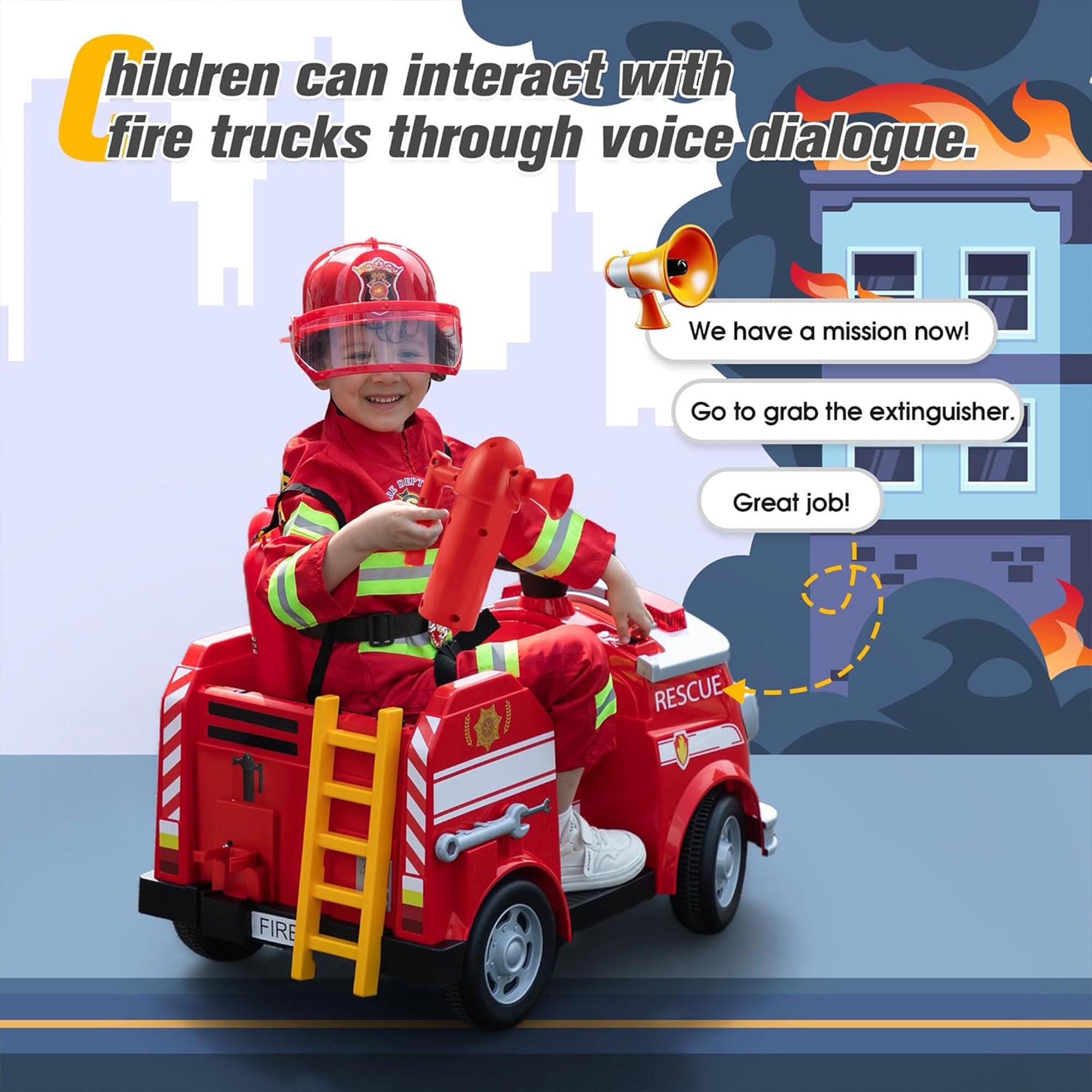 TOBBI Kids Ride on Fire Truck, Battery Powered Car w/ Ladder, Lights, Tools, Red - VMInnovations