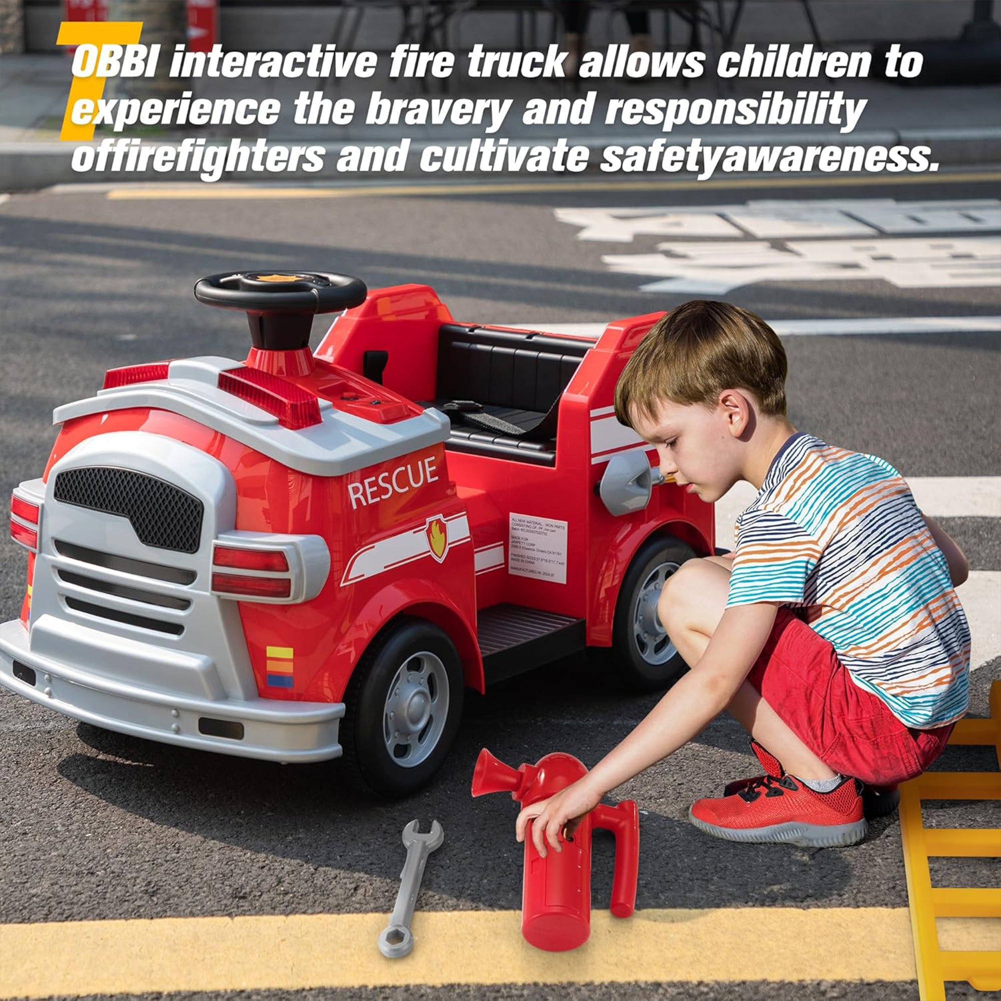 TOBBI Kids Ride on Fire Truck, Battery Powered Car w/ Ladder, Lights, Tools, Red - VMInnovations