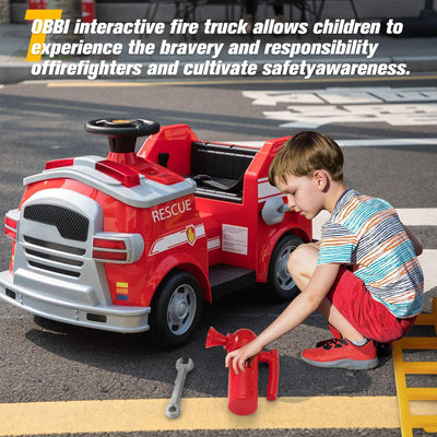 TOBBI Kids Ride on Fire Truck, Battery Powered Car w/ Ladder, Lights, Tools, Red - VMInnovations