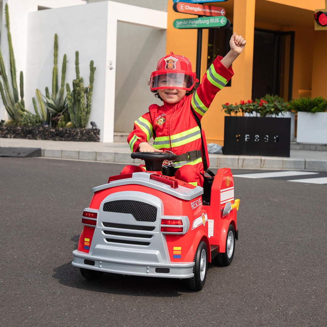 TOBBI Kids Ride on Fire Truck, Battery Powered Car w/ Ladder, Lights, Tools, Red