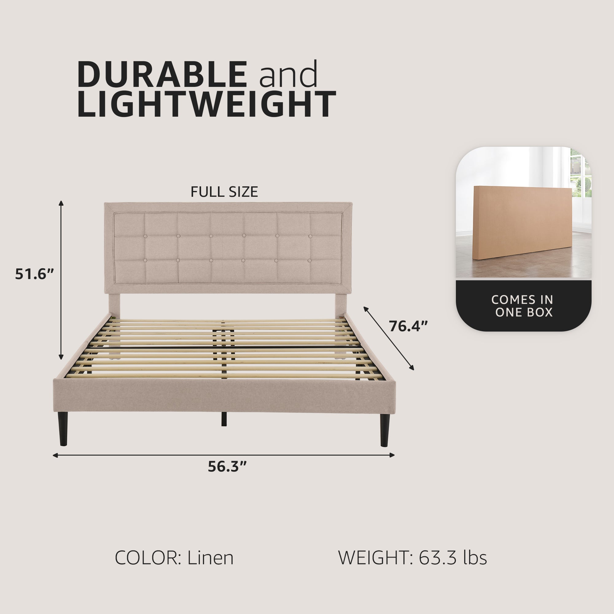 DeCoro Mornington Upholstered 2.0 Platform Bed w/ Metal Frame, Linen, Full