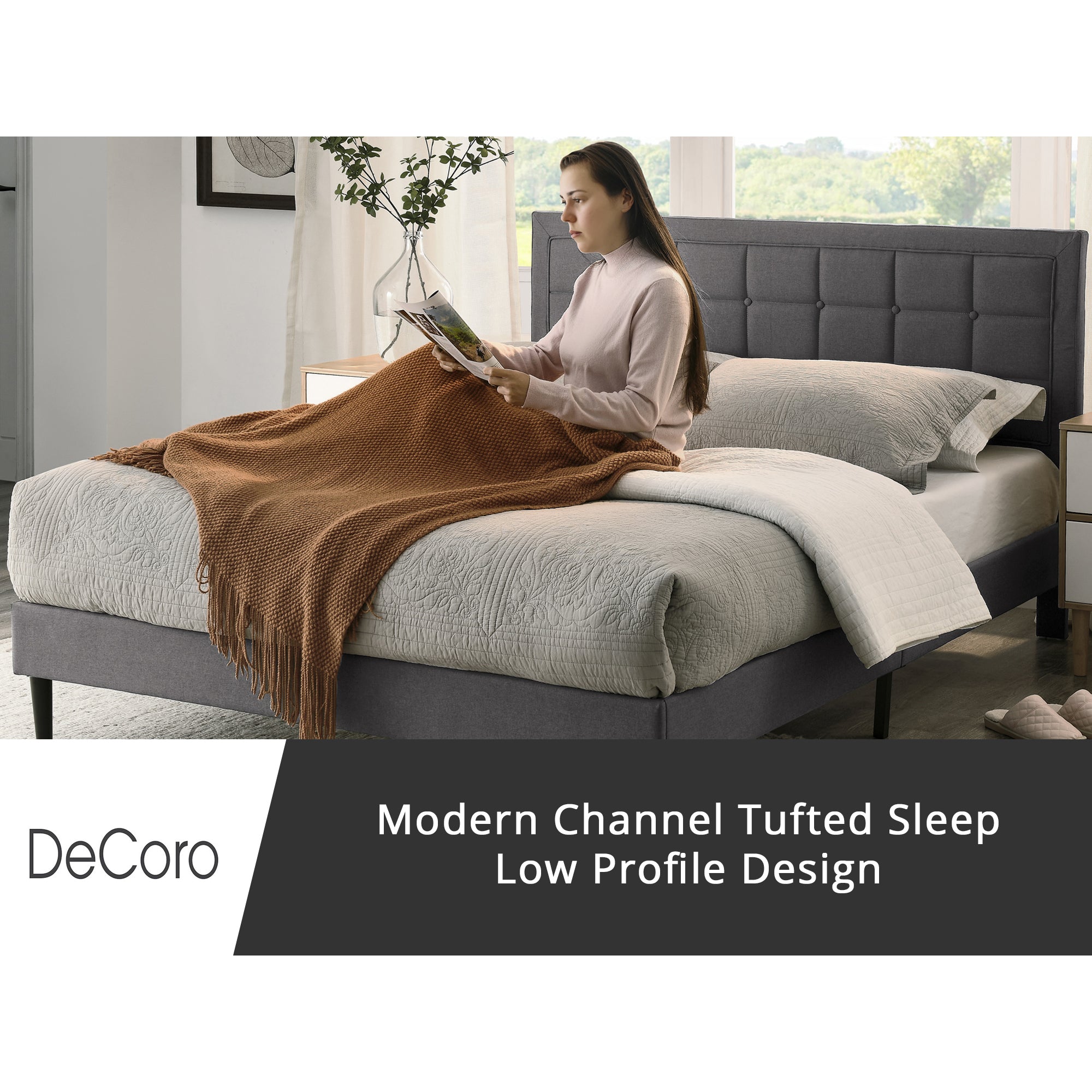 DeCoro Mornington Upholstered 2.0 Platform Bed w/ Metal Frame, Light Grey, Full