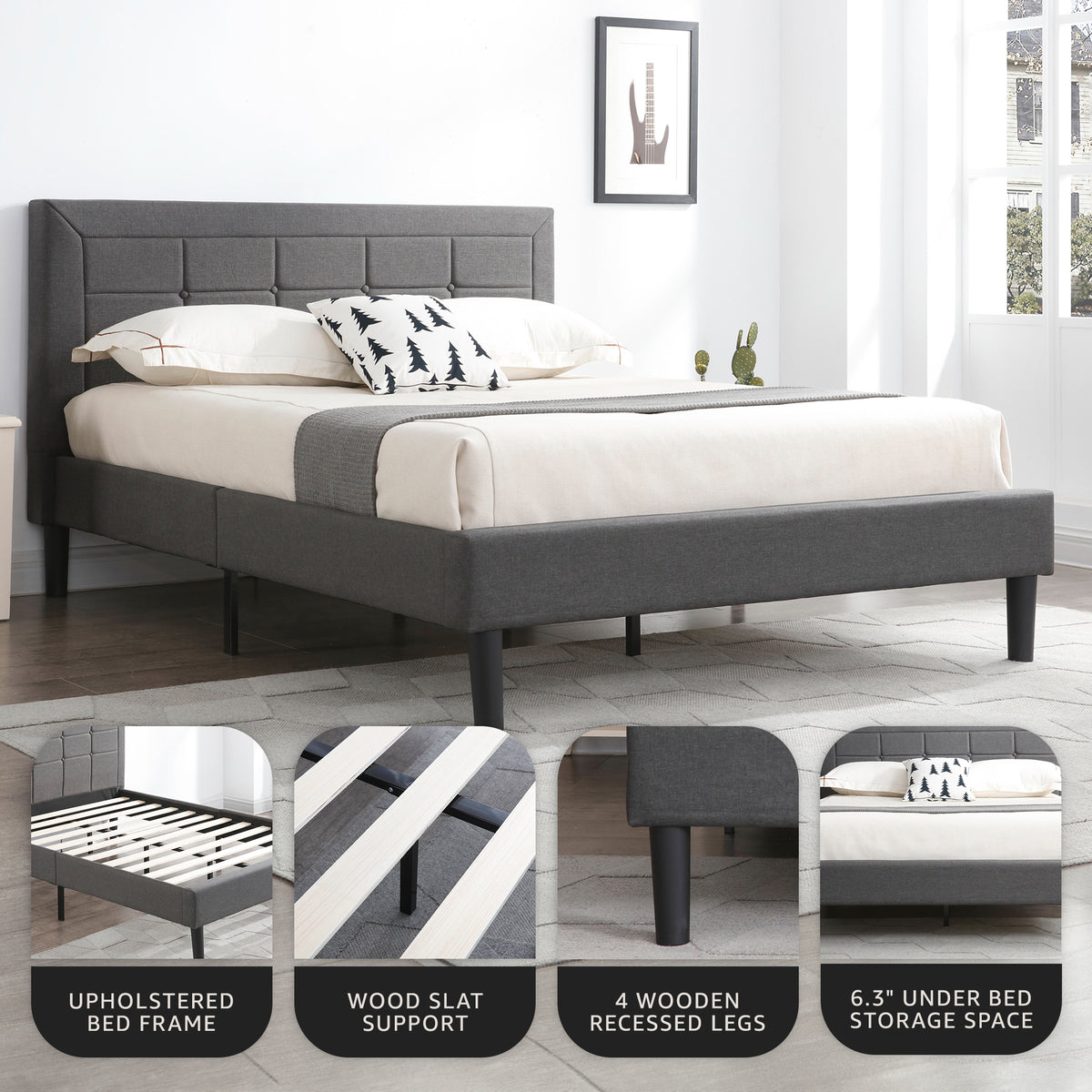 DeCoro Mornington Upholstered 2.0 Platform Full Size Bed Frame, Grey (Open Box) - VMInnovations