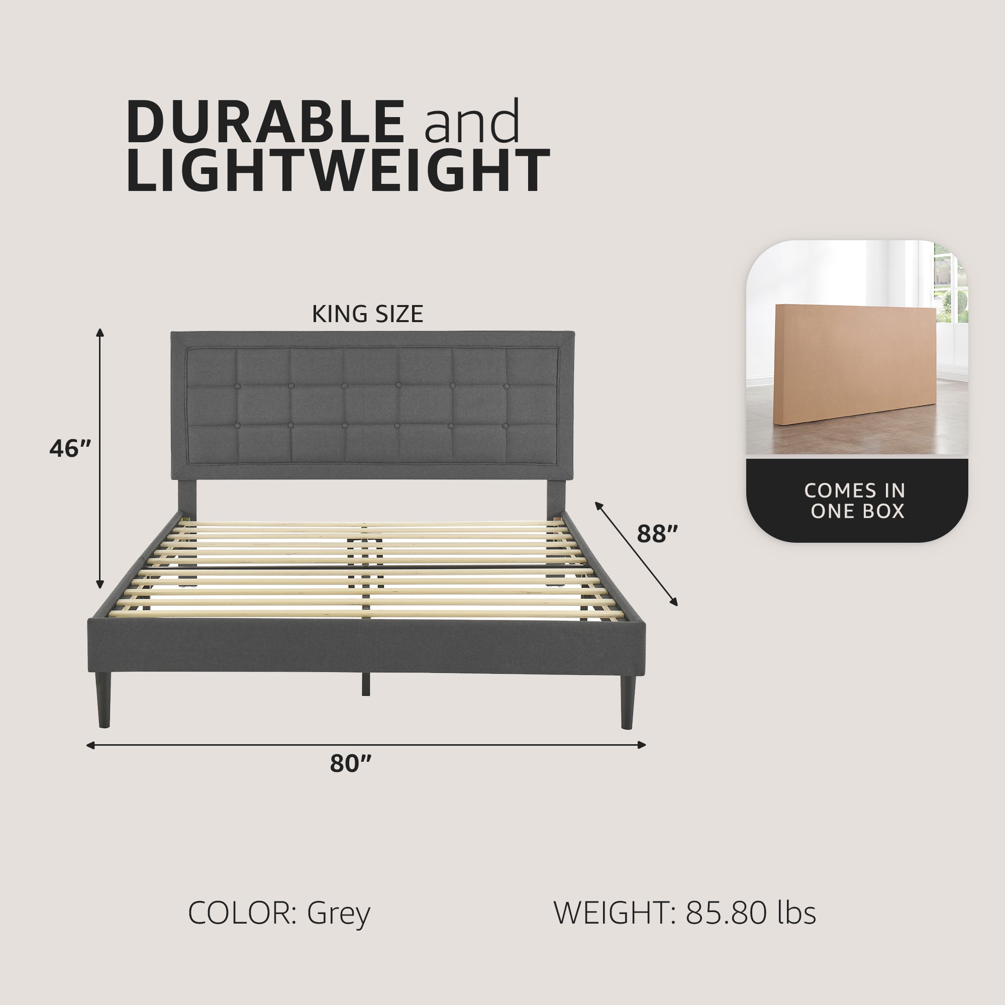 DeCoro Mornington Upholstered 2.0 Platform Bed w/ Metal Frame, Light Grey, King - VMInnovations