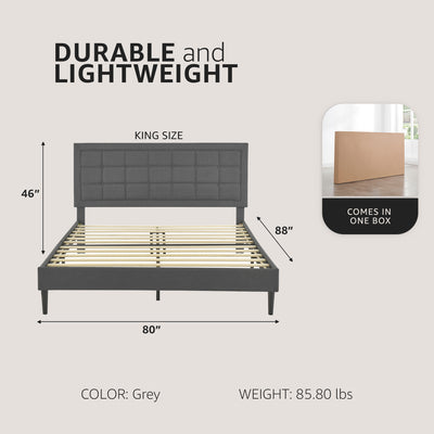 DeCoro Mornington Upholstered 2.0 Platform Bed w/ Metal Frame, Light Grey, King - VMInnovations