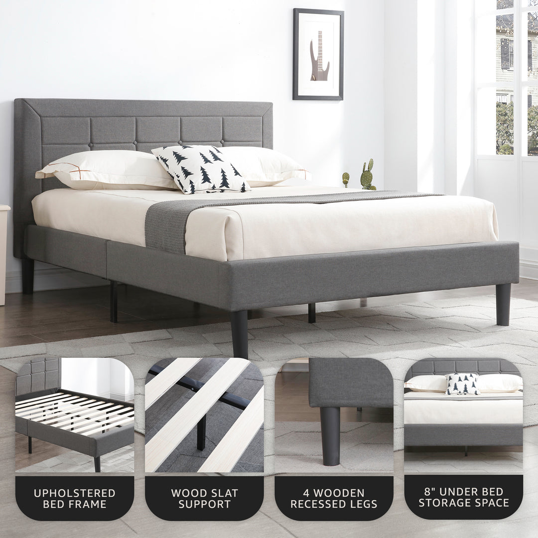 DeCoro Mornington Upholstered 2.0 Platform Bed w/ Metal Frame, Light Grey, Queen - VMInnovations