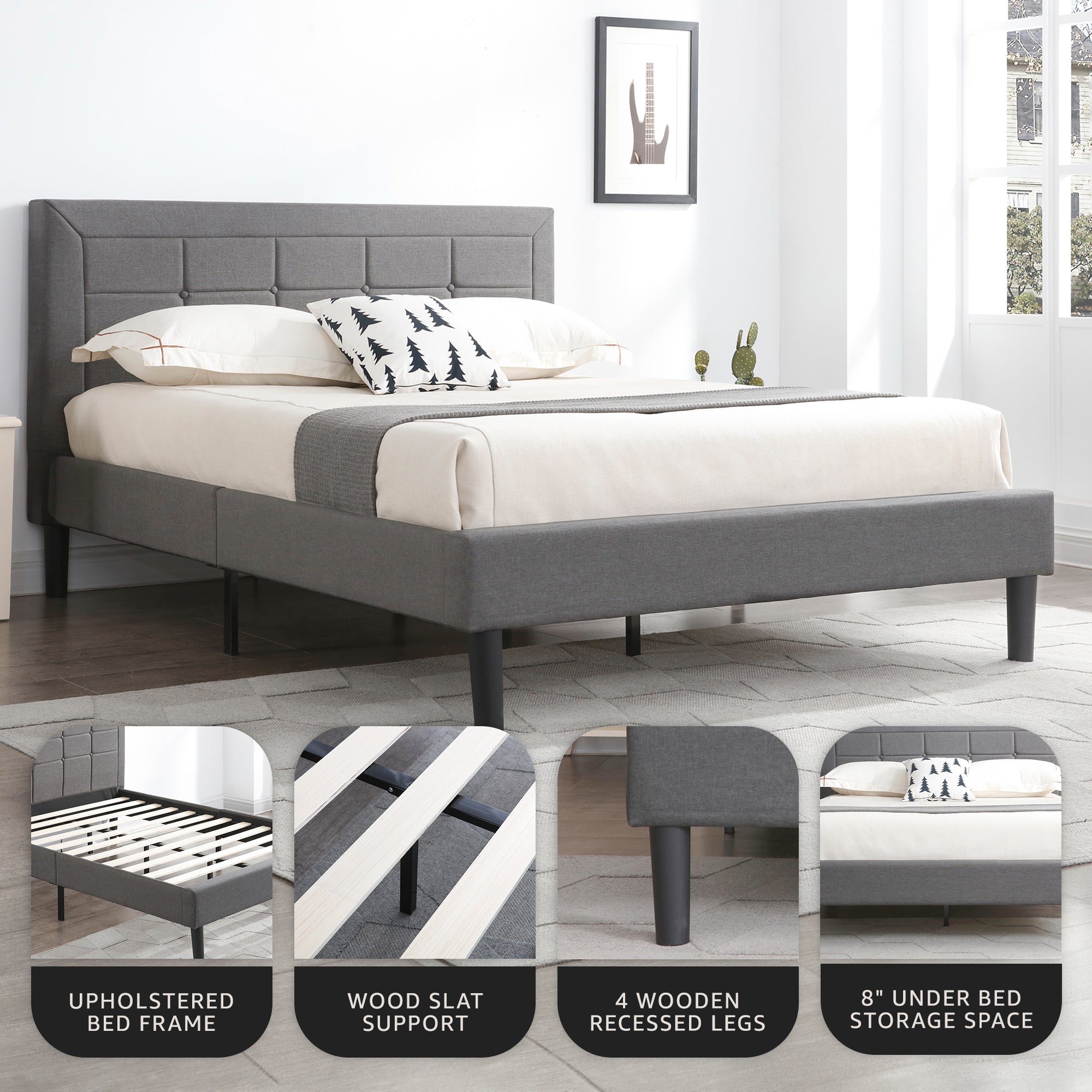 DeCoro Mornington Upholstered 2.0 Platform Bed w/ Metal Frame, Light Grey, King - VMInnovations