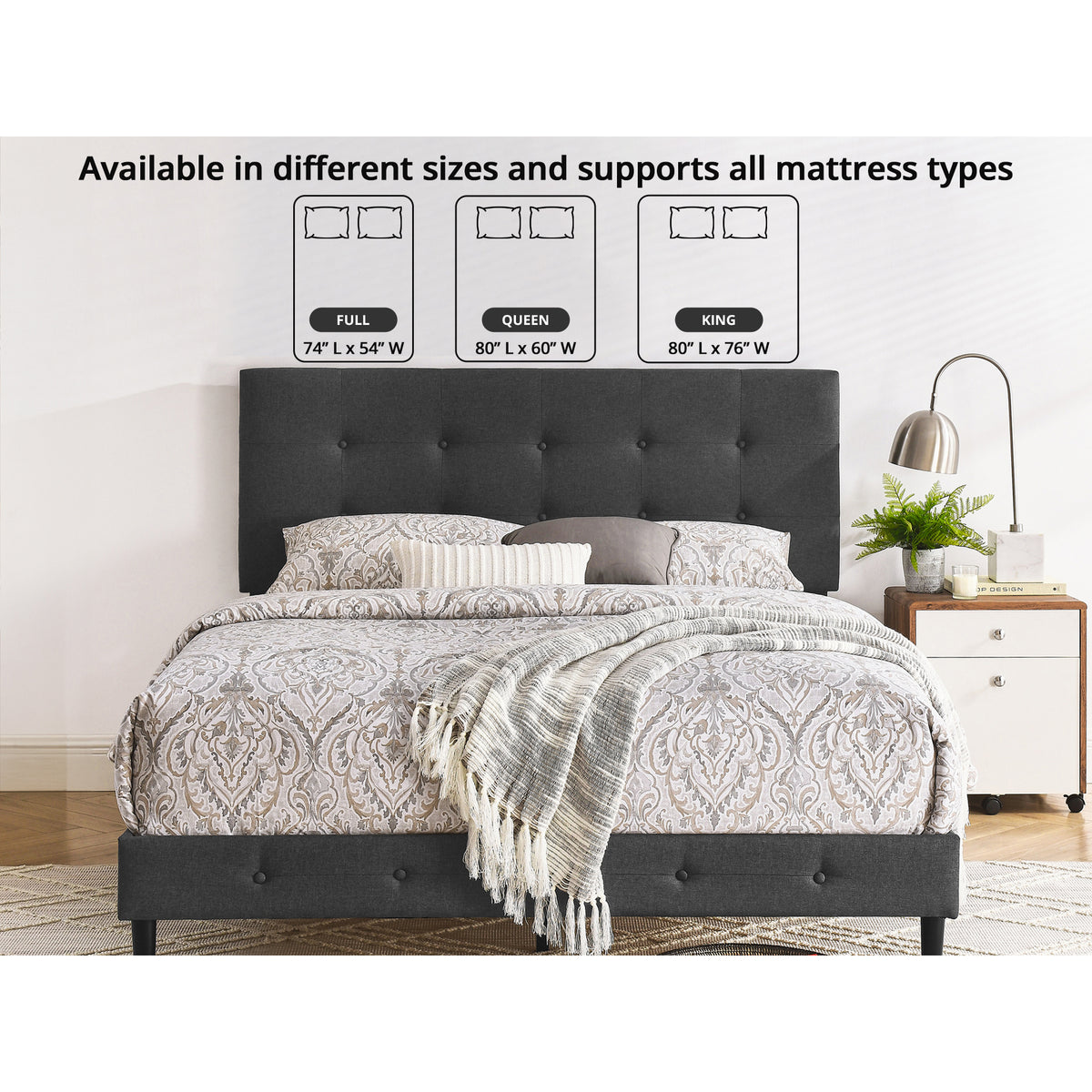 DeCoro Cambridge Upholstered Wooden Platform Bed Frame, Full Size (Open Box)