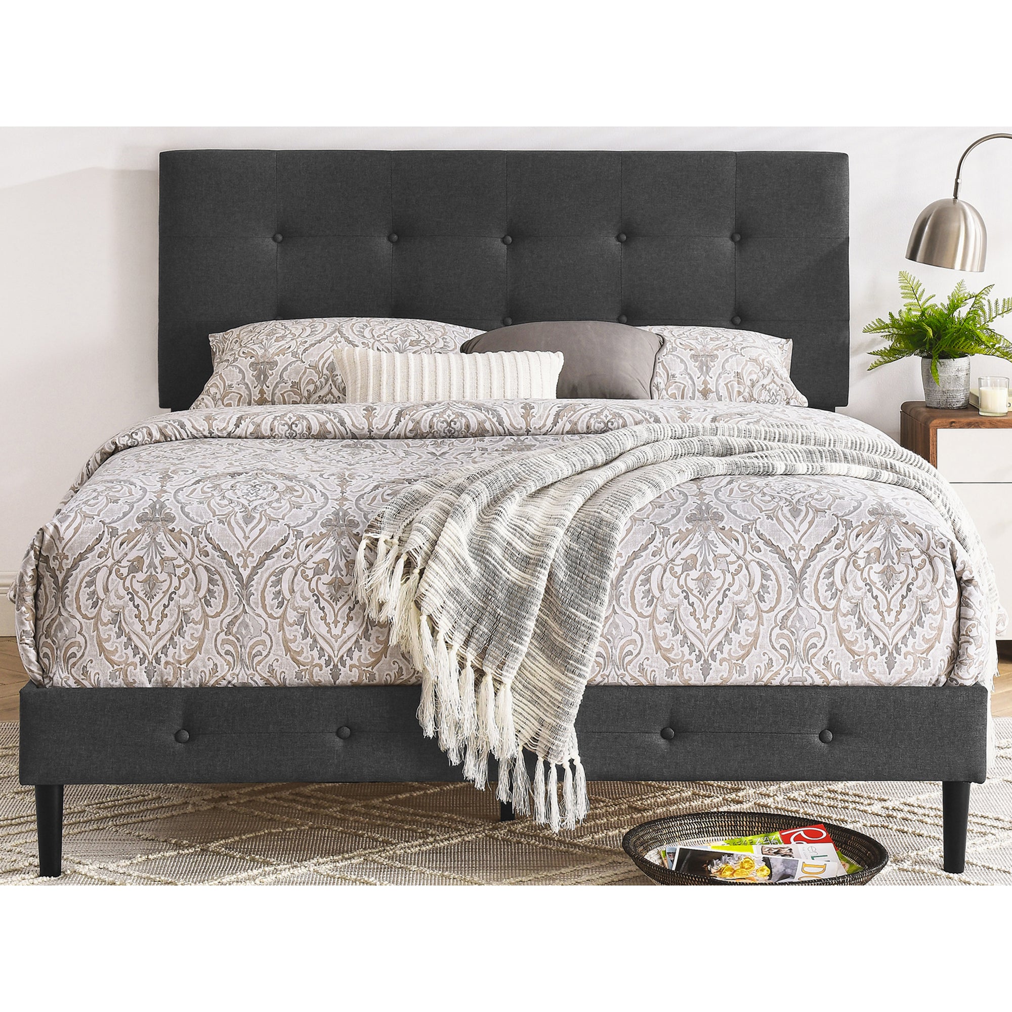 DeCoro Cambridge Upholstered Wooden Platform Bed Frame, Queen Size, Dark Grey - VMInnovations