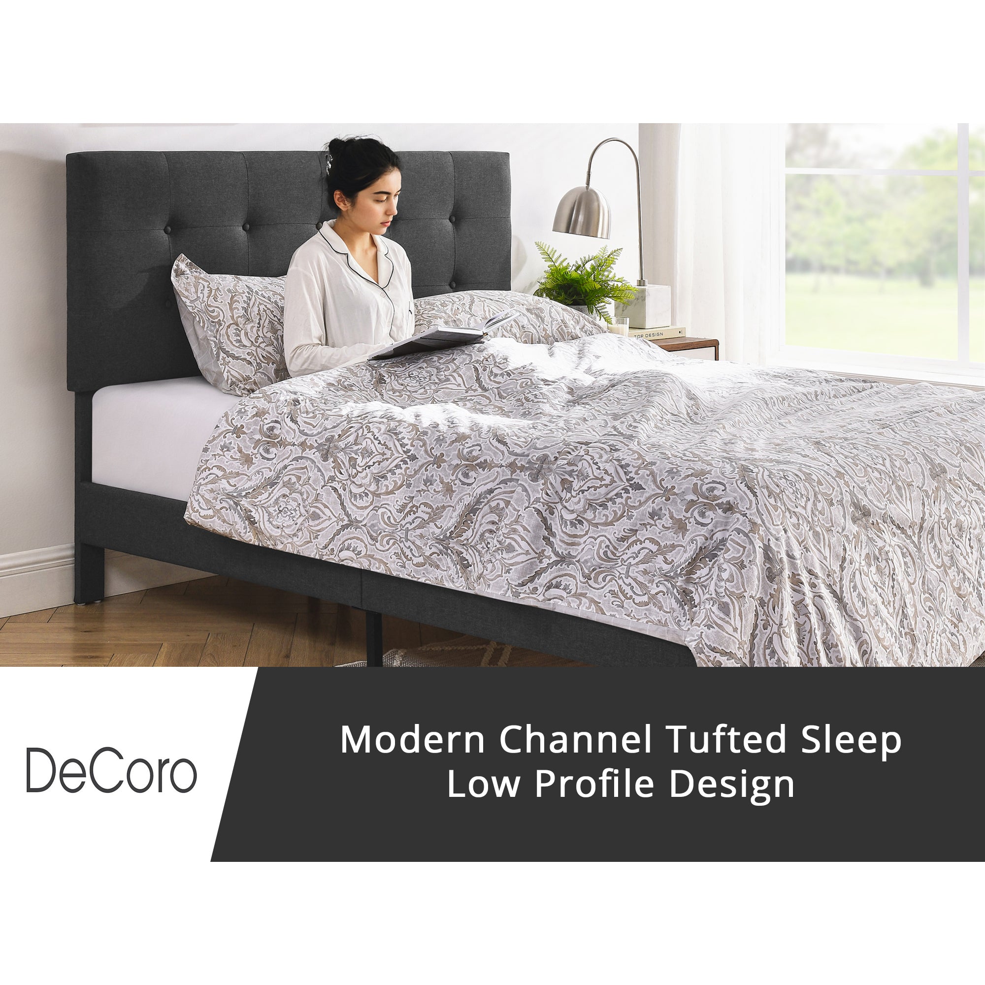 DeCoro Cambridge Upholstered Wooden Platform Bed Frame, King Size, Dark Grey - VMInnovations