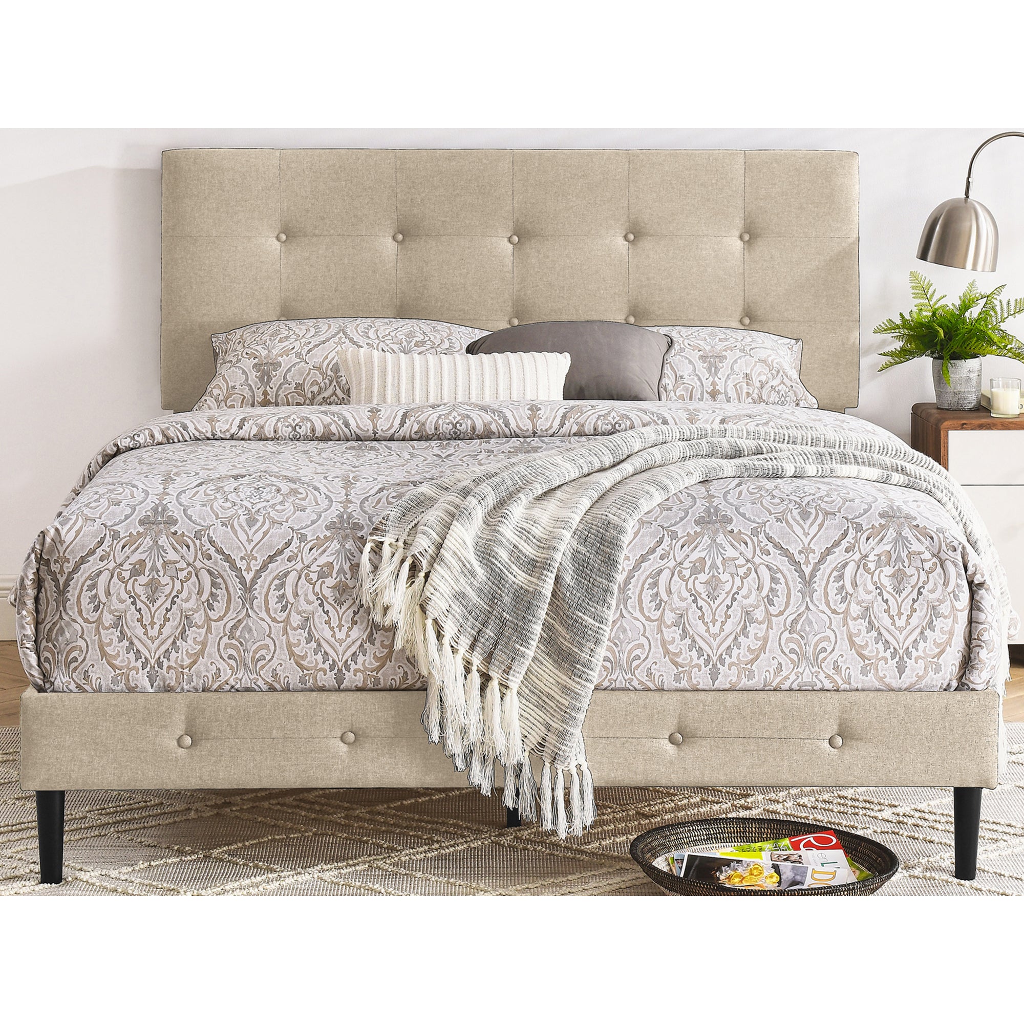 DeCoro Cambridge Upholstered Wooden Platform Bed Frame w/Headboard, Full, Linen - VMInnovations