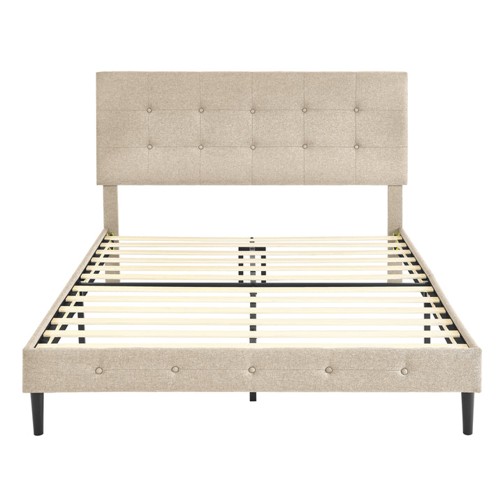 DeCoro Cambridge Upholstered Wooden Platform Bed Frame w/Headboard, Full, Linen