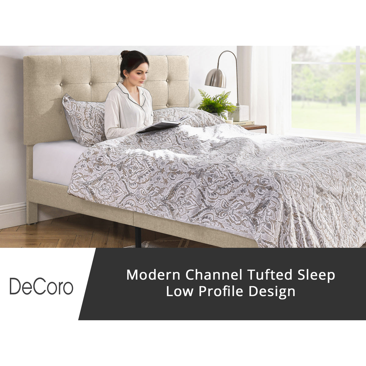 DeCoro Cambridge Upholstered Wooden Platform Bed Frame, Full, Linen (Open Box) - VMInnovations