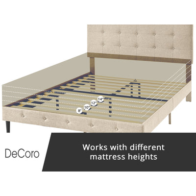 DeCoro Cambridge Upholstered Wooden Platform Bed Frame w/Headboard, Full, Linen - VMInnovations