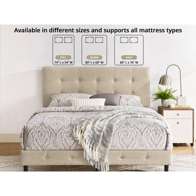 DeCoro Cambridge Upholstered Wooden Platform Bed Frame w/Headboard, Full, Linen - VMInnovations